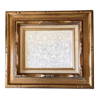 1980’s Original Wayne Cunningham Abstract Ink Drawing “Help” Vintage Carved Wood Frame For Sale