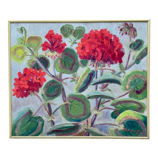 Bright Red Geraniums Oil Painting For Sale