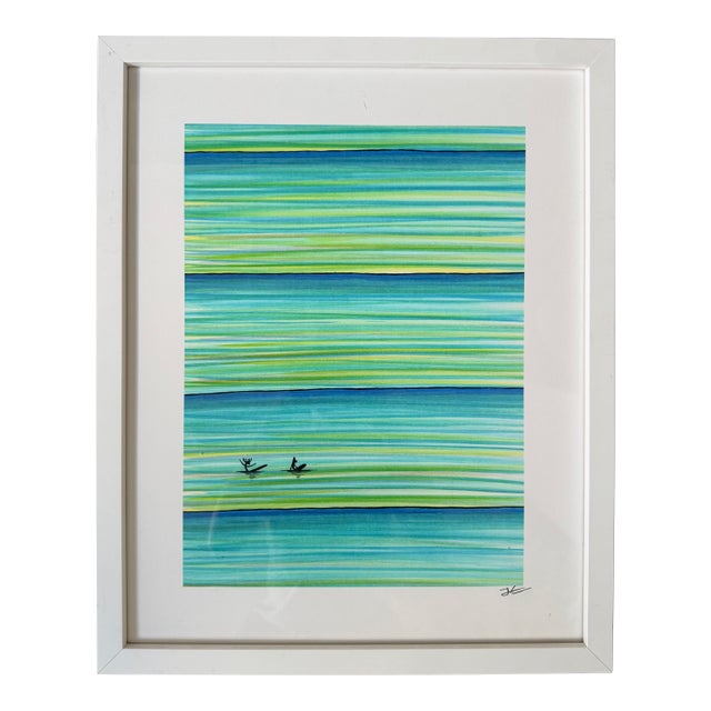 Late 20th Century Modern Abstract Coastal Watercolor Style Print Animals Framed Minimalist Wall Art For Sale