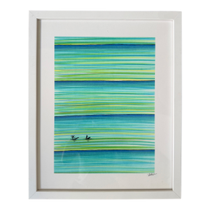 Late 20th Century Modern Abstract Coastal Watercolor Style Print Animals Framed Minimalist Wall Art