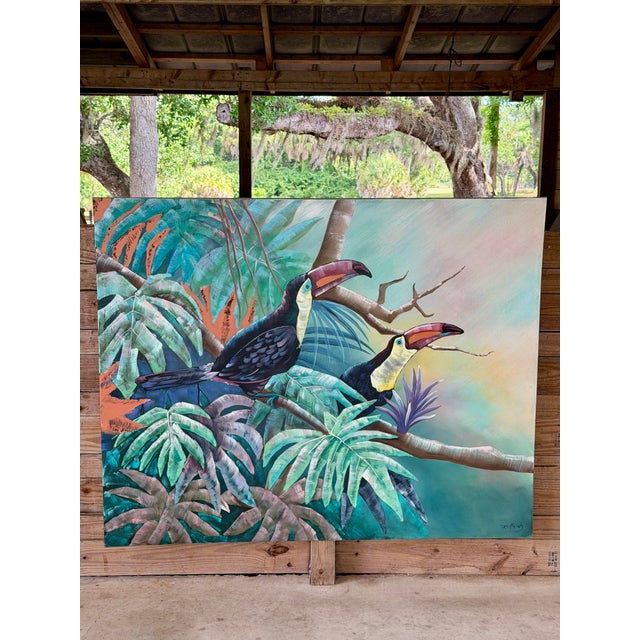 Monumental Vintage Tropical Toucan Painting on Canvas For Sale - Image 9 of 11