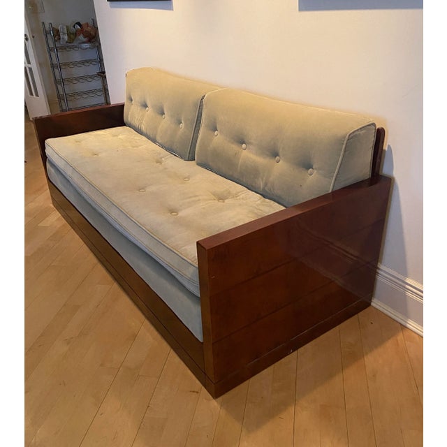 Wood 1940s Art Deco Upholstered Mahogany Sofa Day Bed with Celadon Velvet Fabric For Sale - Image 7 of 10