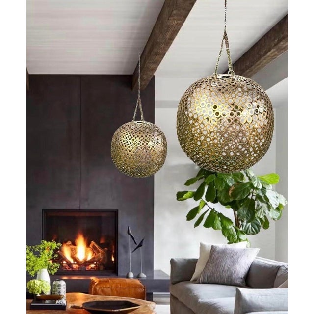 Gold-Tone Metal Spheres, 15” Decorative Pair for Hanging or Stacking For Sale - Image 10 of 11