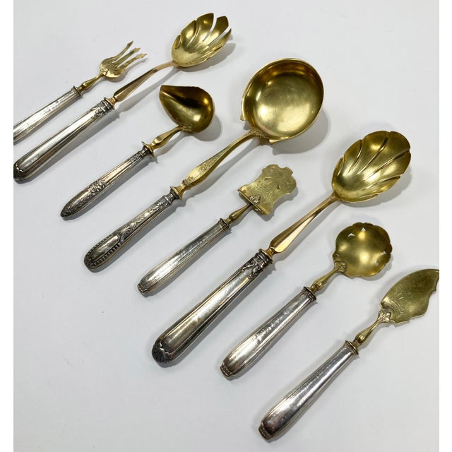 Art Nouveau Antique French Repoussé Sterling Silver and Gold Vermeil Hors d'Oeuvres Set - 8 Pieces For Sale - Image 3 of 9