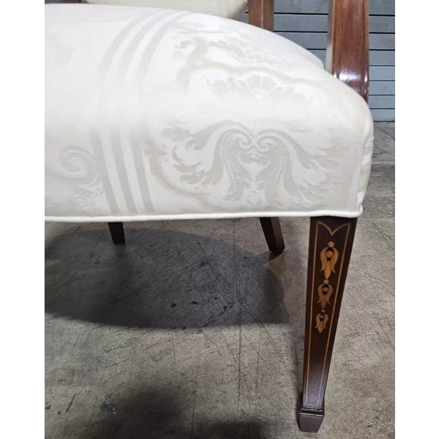Late 20th Century Pair of Southwood Mahogany Armchairs Cream Damask Fabric Bellflower Inlays For Sale - Image 4 of 9