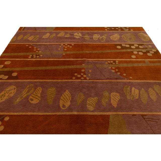 Artisan Hand-Knotted Tibetan Wool and Silk Rug in Terracotta Abstract Pattern For Sale - Image 9 of 10