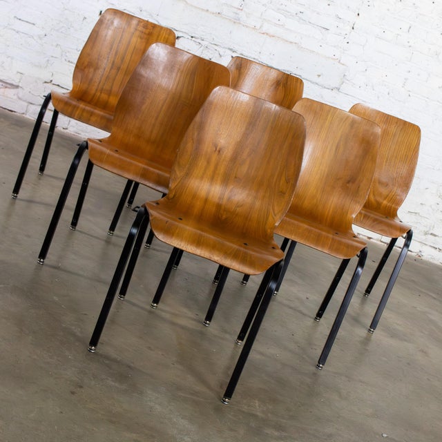 Handsome vintage Modern chairs composed of walnut molded plywood frames, black painted bases and hardware, stackable and...