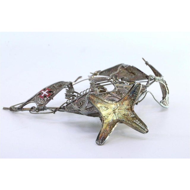 Silver Filigree Caravel with Portuguese Flags and Symbols For Sale - Image 4 of 9