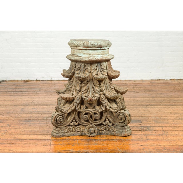 Indian Antique Corinthian Temple Capital Carving with Distressed Patina For Sale - Image 9 of 13