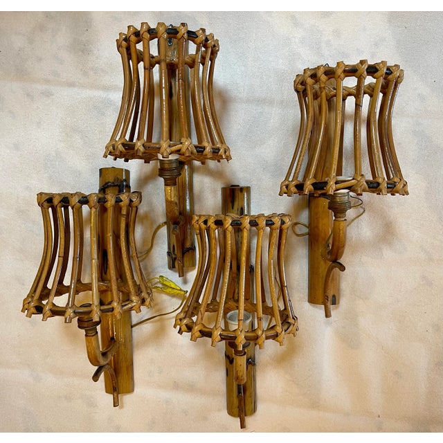 Brown Mid-Century Italian Rattan Bamboo Sconces Attributed to Albini 1950s - Set of 4 For Sale - Image 8 of 8