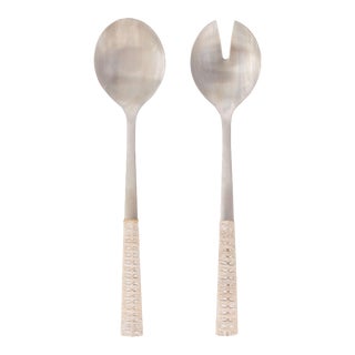 Artifacts Rattan Stainless-Steel Serving Pieces with Gift Box in White - Set of 2 For Sale