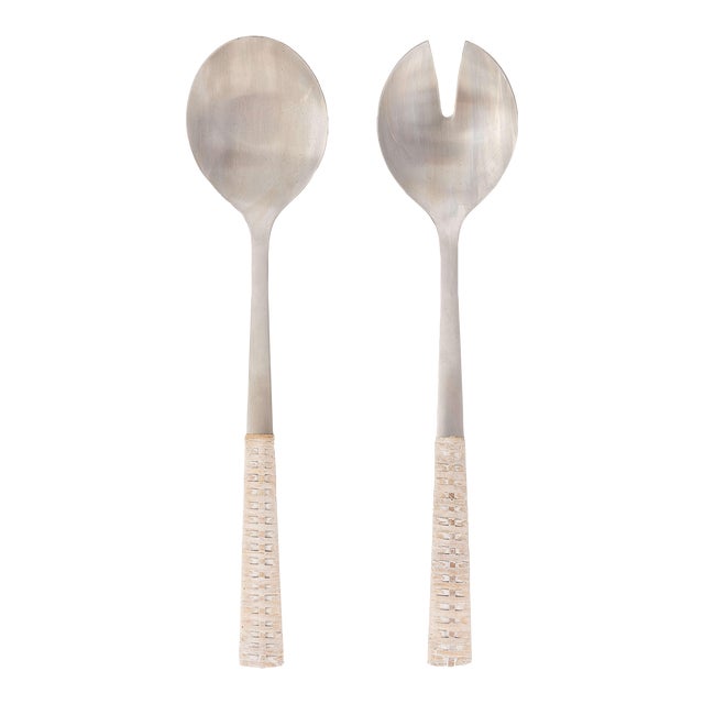 Artifacts Rattan Stainless-Steel Serving Pieces with Gift Box in White - Set of 2 For Sale