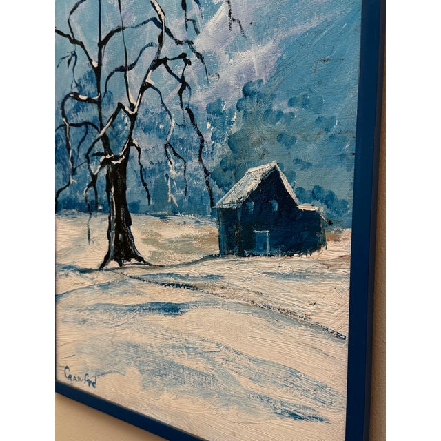 Vintage Scandinavian Modern Folk Art Winter Landscape Expressionist Original Framed Oil Painting For Sale - Image 4 of 12