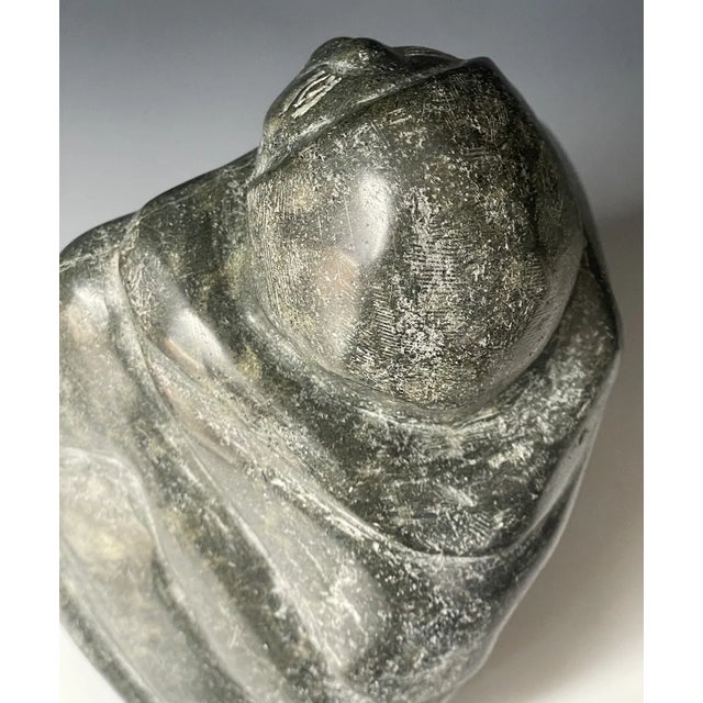 Mid 20th Century +25 LBS Huge Native Inuit Hand Carved Stone Sitting Human Art Sculpture For Sale - Image 4 of 11