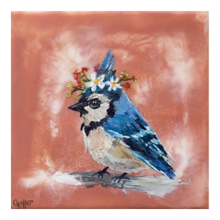 Floriferous Bird, Study 5 by Carrie Goller | Oil and Encaustic Blue Bird With Flower Crown For Sale