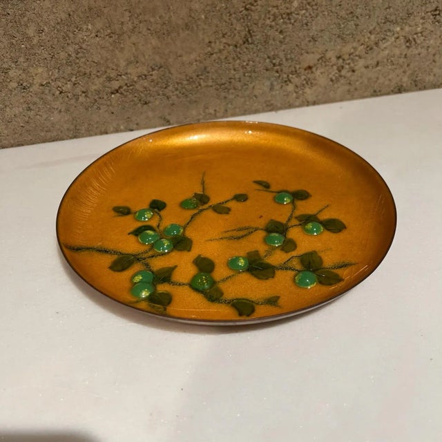 1960s Modernist Green Pear on Gold Copper Enamel Plate For Sale - Image 9 of 11