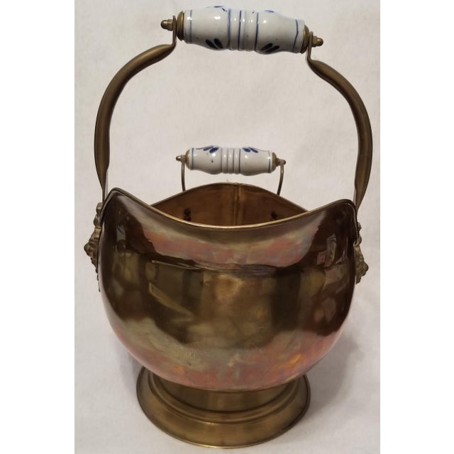 Vintage Brass Coal Scuttle Bucket with Delft Blue Porcelain Handles