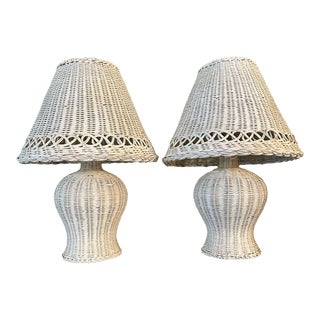 Vintage White Wicker Palm Beach Lamps - a Pair For Sale