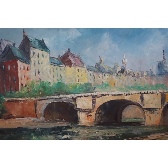 Gold Large Mid-Century Signed v. Dyk Pont Saint-Michel & Notre-Dame Paris Oil Painting For Sale - Image 8 of 18