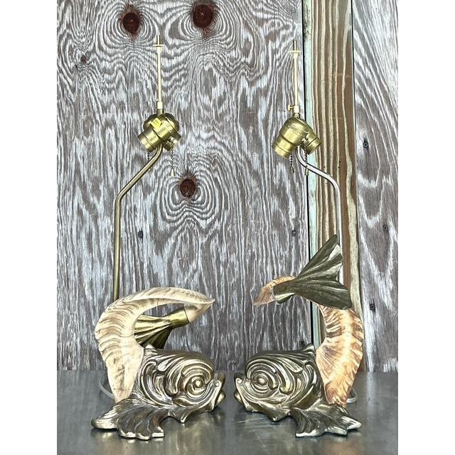 Chapman Manufacturing Company Vintage Regency Chapman Horn Koi Lamps- A Pair For Sale - Image 4 of 17