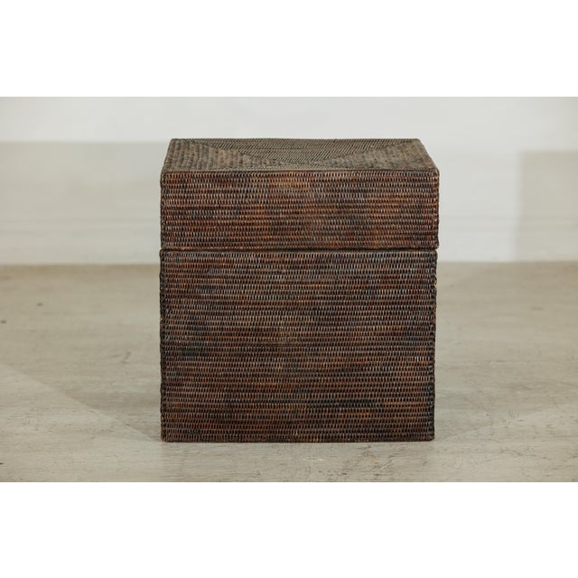 Vintage Square Dark Brown Rattan Basket with Removable Lid and Patterns For Sale - Image 13 of 18