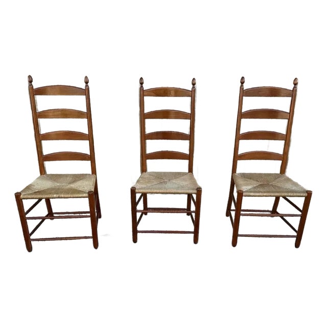Mid 20th Century Vintage Shaker Style High Ladder Back Rush Seat Dining Side Chairs - Set of 3 For Sale