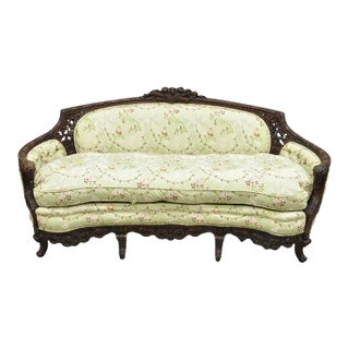 Antique Italian Renaissance Carved Walnut French Victorian Rams Head Green Sofa For Sale