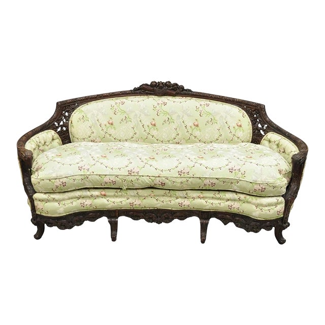 Antique Italian Renaissance Carved Walnut French Victorian Rams Head Green Sofa For Sale