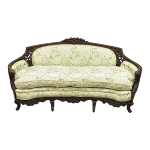 Antique Italian Renaissance Carved Walnut French Victorian Rams Head Green Sofa