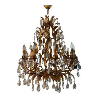 Italian Gilt Tole Chandelier With Crystals For Sale
