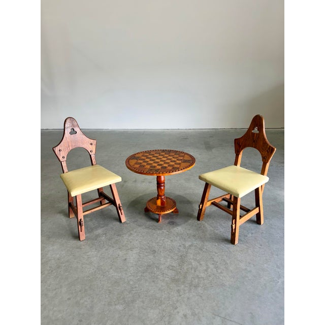 Rustic European 1930s Tramp Art Matchstick Folk Art Chess Side Table For Sale - Image 3 of 12