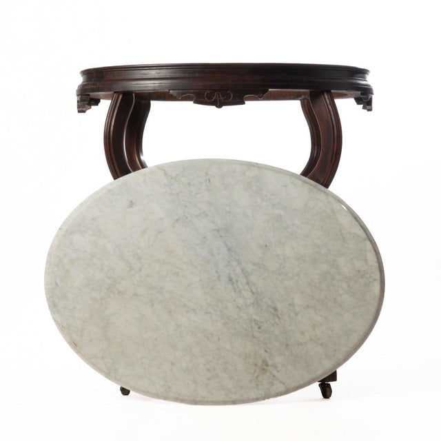 Oval Victorian Walnut Marble Top Table For Sale - Image 11 of 17