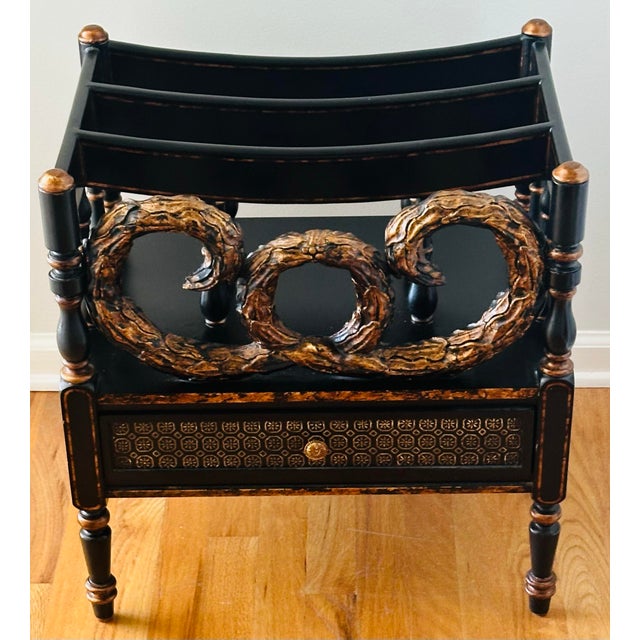 Ebony and Gilt Painted One Drawer Canterbury For Sale - Image 4 of 11