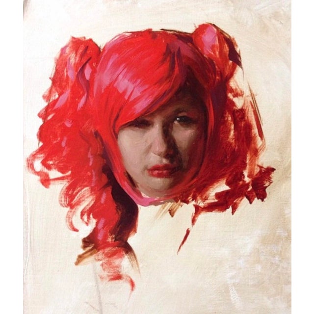 This oil painting features a striking portrait of a figure with vibrant red hair styled in playful pigtails, set against a...