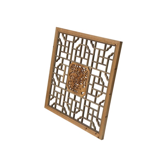 Square Flower Birds Geometric Lattice Raw Wood Wall Plaque Panel For Sale - Image 4 of 8