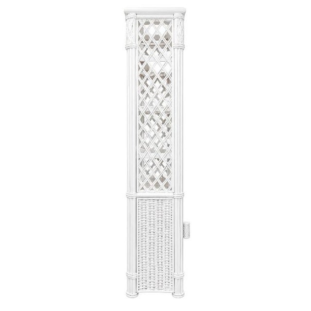 Mid 20th Century Pair of Petite White Lacquer Faux Bamboo & Wicker Étagère Cabinets For Sale - Image 5 of 9