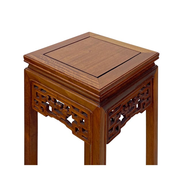 2020s Chinese Oriental Square Light Brown Stain Plant Stand Pedestal Table For Sale - Image 5 of 6