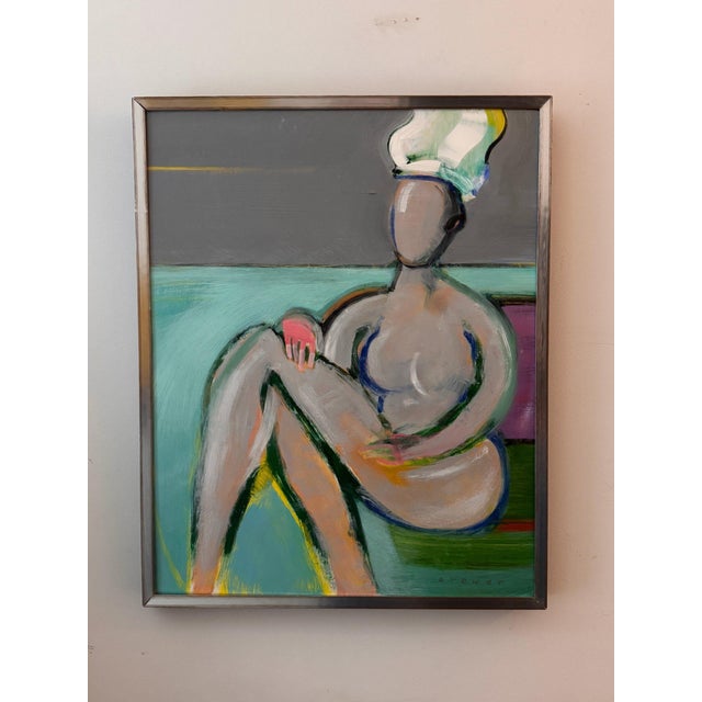 Seated chef by James Brewer, painted in bold, simplified forms with a tall white toque against bands of gray and aqua,...