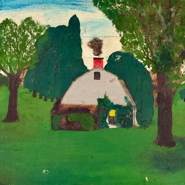 Lovely Naive Folk Art Primitive Antique Painting of a White Cottage in a Rural Green Field Scene For Sale In New York - Image 6 of 9