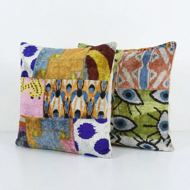 Mid-Century Modern Uzbek Ikat Velvet Pillow Cover 19'' X 20'' - Set of Two For Sale - Image 3 of 4
