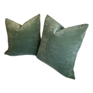 Pair of Green Antique Cotton Velvet Pillow Covers With Exposed Brass Zippers and a Tailored Knife Edge For Sale
