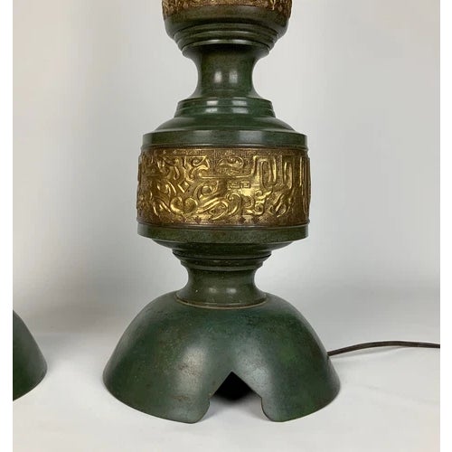 James Mont James Mont Style Heavy Verdigre & Brass Lamps, 1940s~ Pair For Sale - Image 4 of 6