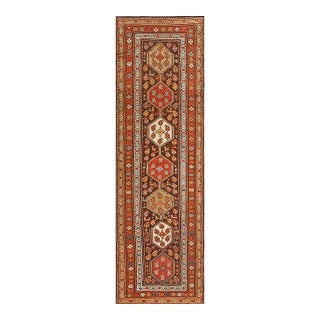 1930s Brown Geometric Tribal Antique Persian Kurdish Runner Carpet 3'10" X 13'2" Knotted Pile Rug For Sale