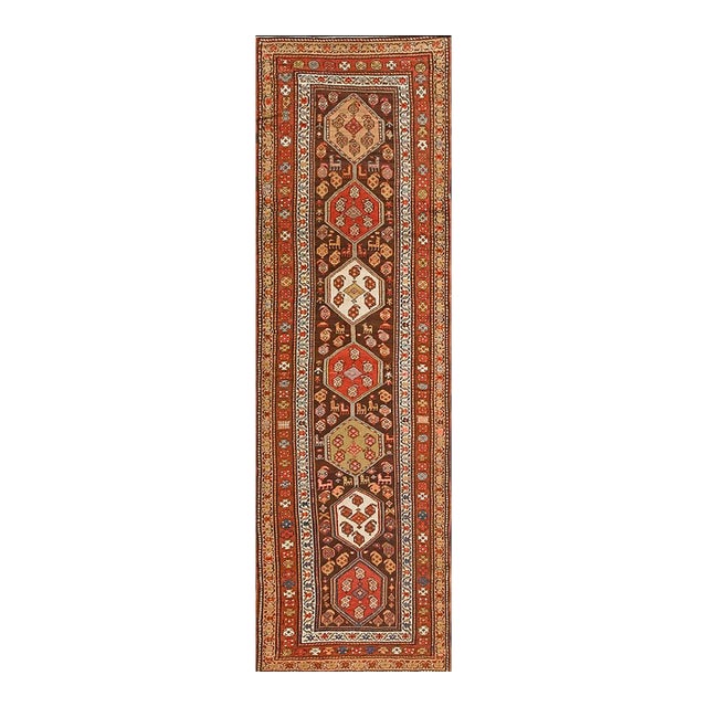 1930s Brown Geometric Tribal Antique Persian Kurdish Runner Carpet 3'10" X 13'2" Knotted Pile Rug For Sale