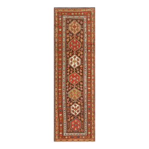 1930s Brown Geometric Tribal Antique Persian Kurdish Runner Carpet 3'10" X 13'2" Knotted Pile Rug