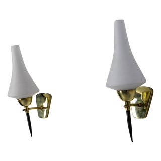 White Glass and Black & Golden Chrome Sconces in the style of Arlus, France, 1950s, Set of 2 For Sale