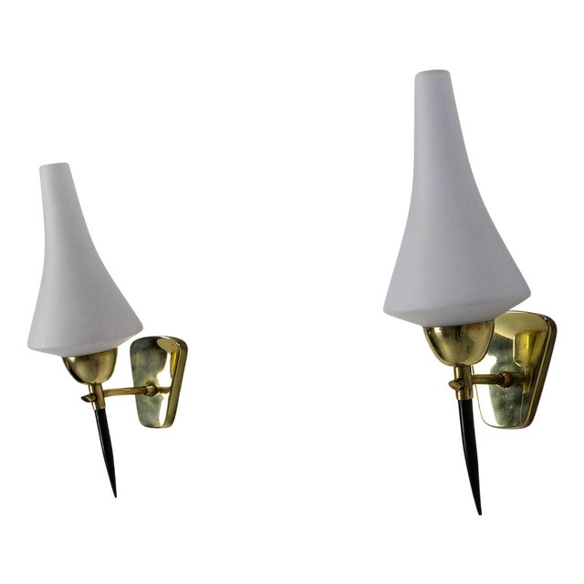 White Glass and Black & Golden Chrome Sconces in the style of Arlus, France, 1950s, Set of 2 For Sale