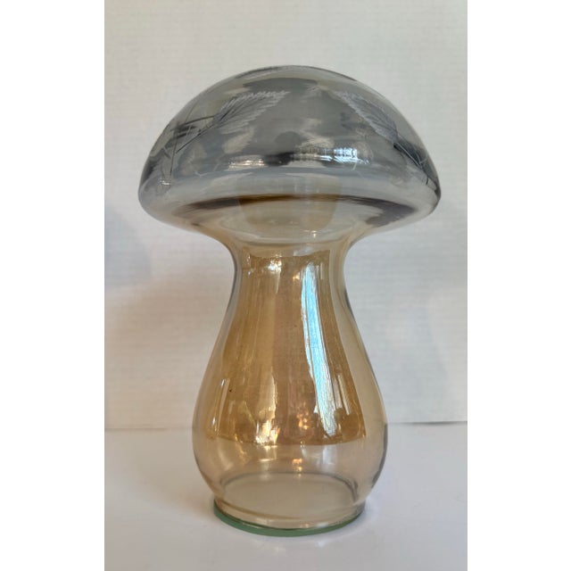 Glass Vintage Etched Art Glass Mushroom Light Smoky Gray and Amber Decorative Glass Sculpture For Sale - Image 7 of 12