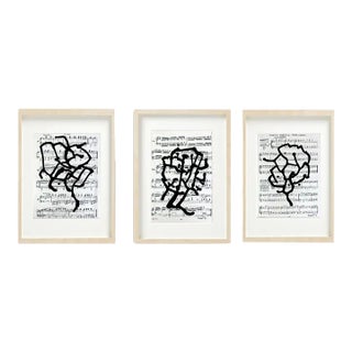 Framed Original Drawings 'Black and White Floral Abstractions on Vintage Music Score Sheets' #2 - Wall Gallery Installation - Set of 3 For Sale