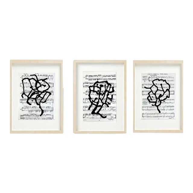 Framed Original Drawings 'Black and White Floral Abstractions on Vintage Music Score Sheets' #2 - Wall Gallery Installation - Set of 3 For Sale
